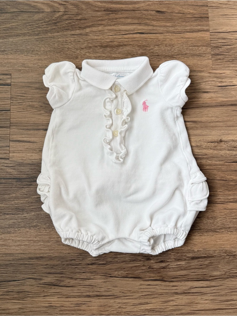 Ralph Lauren Baby Girl White Ruffle Polo Bubble Romper Pink Pony 3 Months